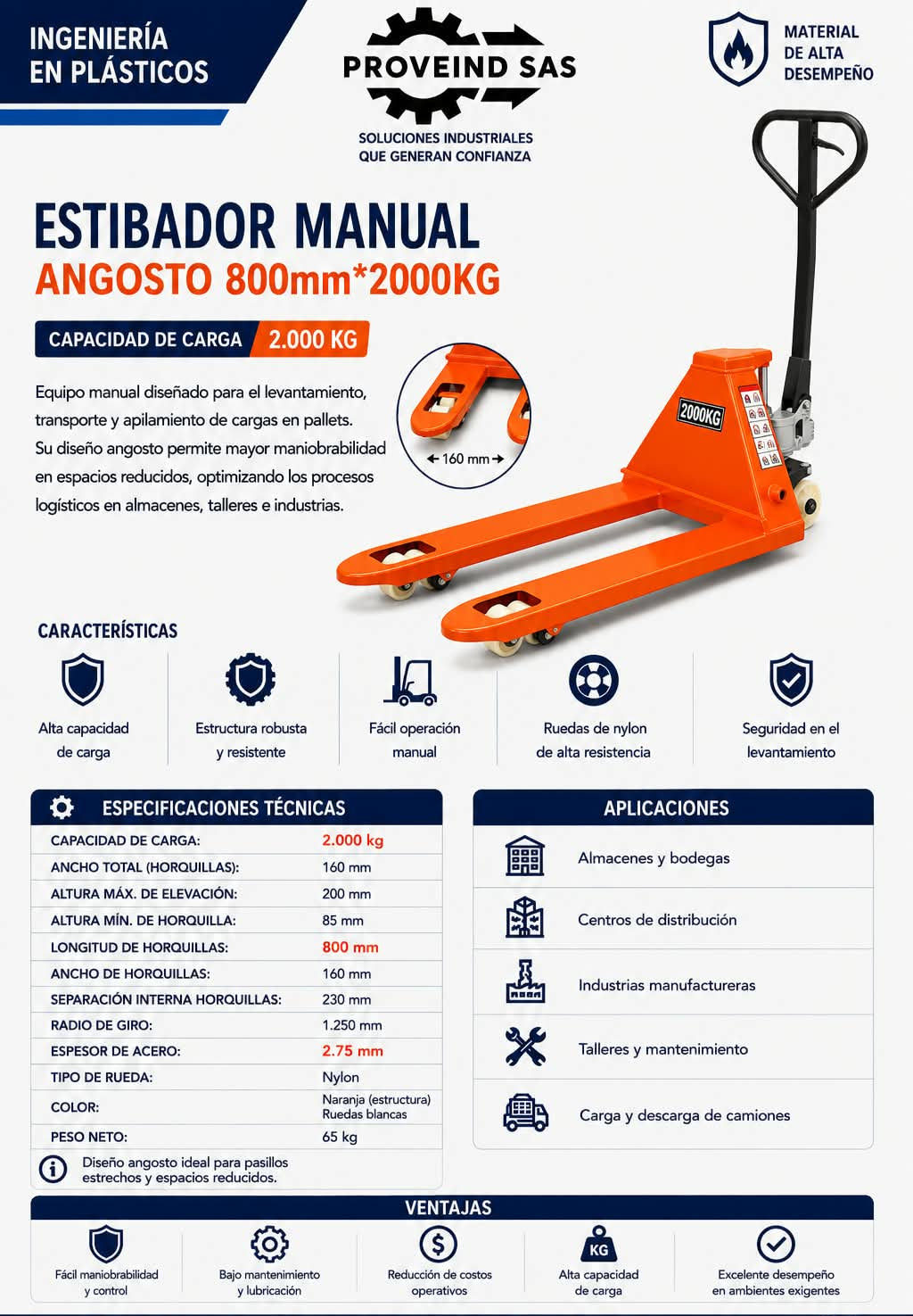 ESTIBADOR MANUAL ANGOSTO 800MM-2000KG